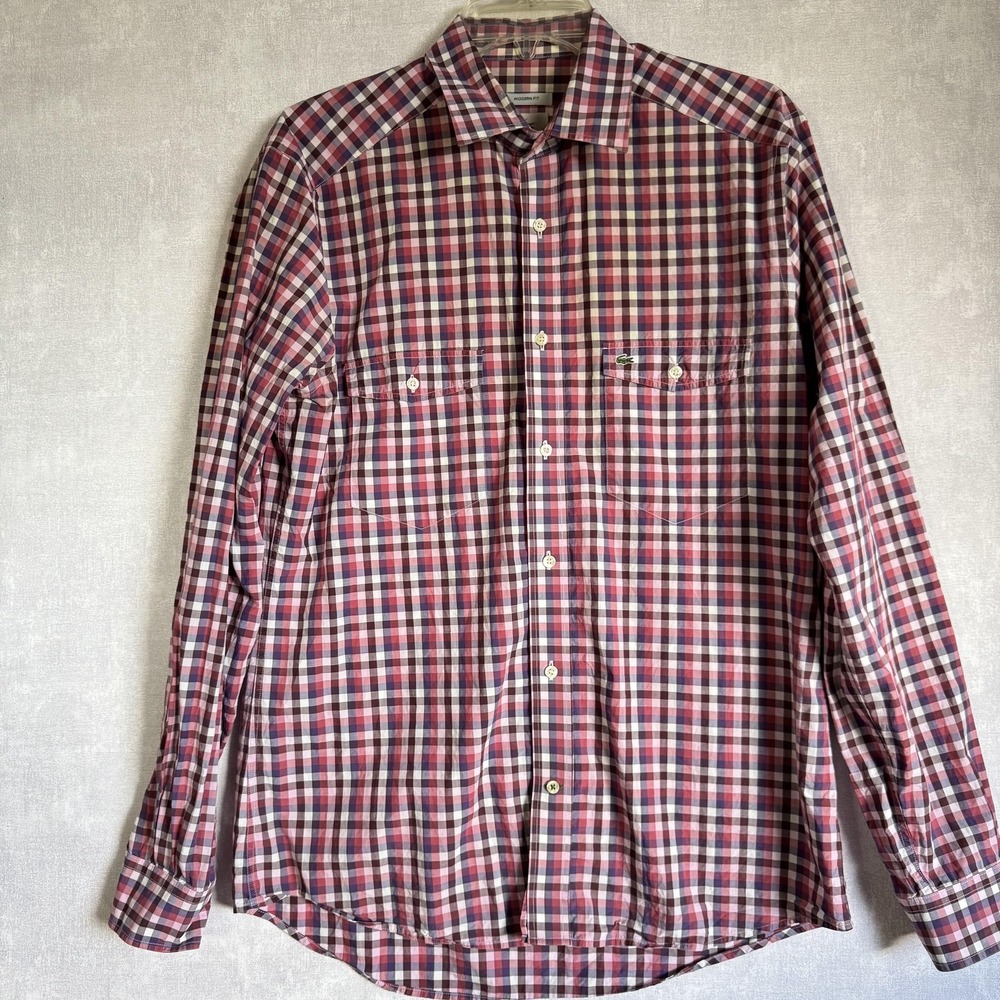 Lacoste Shirt Mens 40 Red Blue Check Plaid Modern Fit Long Sleeve Button‎ Down